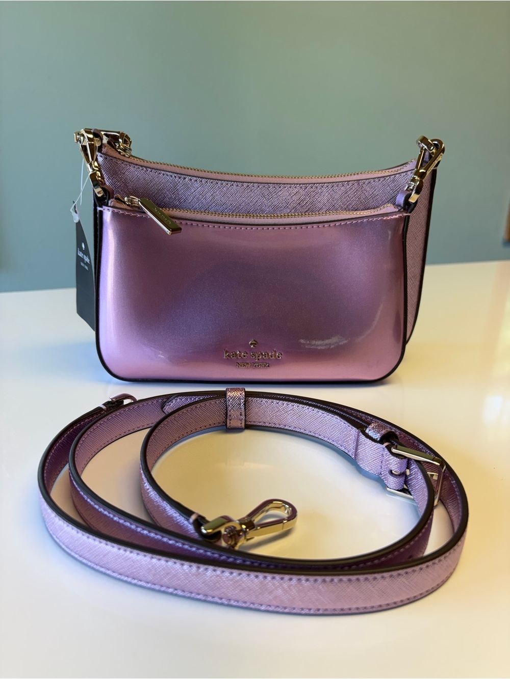 NWT Kate Spade New York Leather Duo Crossbody Pink Quartz Metallic
